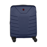 Navy blue hardshell rolling suitcase with horizontal ridges and a Swiss Army logo.