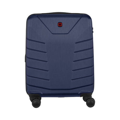 Navy blue hardshell rolling suitcase with horizontal ridges and a Swiss Army logo.