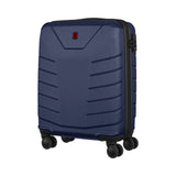 Navy blue hardshell rolling suitcase with horizontal ridges and four wheels.