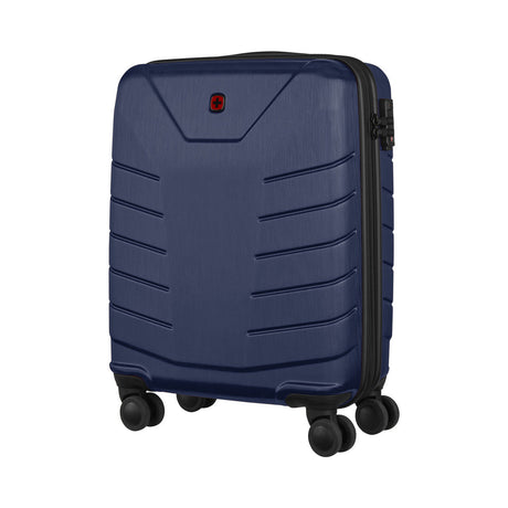 Navy blue hardshell rolling suitcase with horizontal ridges and four wheels.