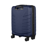 Navy blue hardshell rolling suitcase with horizontal ridges and wheels.