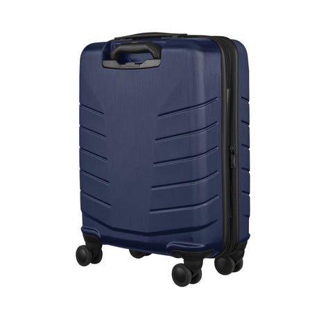 Navy blue hardshell rolling suitcase with horizontal ridges and wheels.
