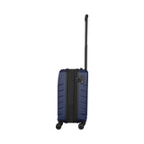 Navy blue hardshell rolling suitcase with an extendable handle.