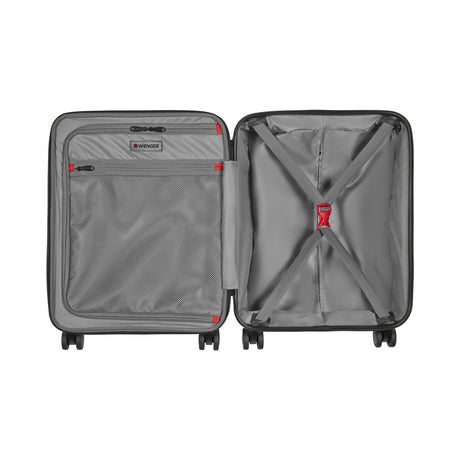 Open suitcase with two compartments, showing the interior lining and organizational features.