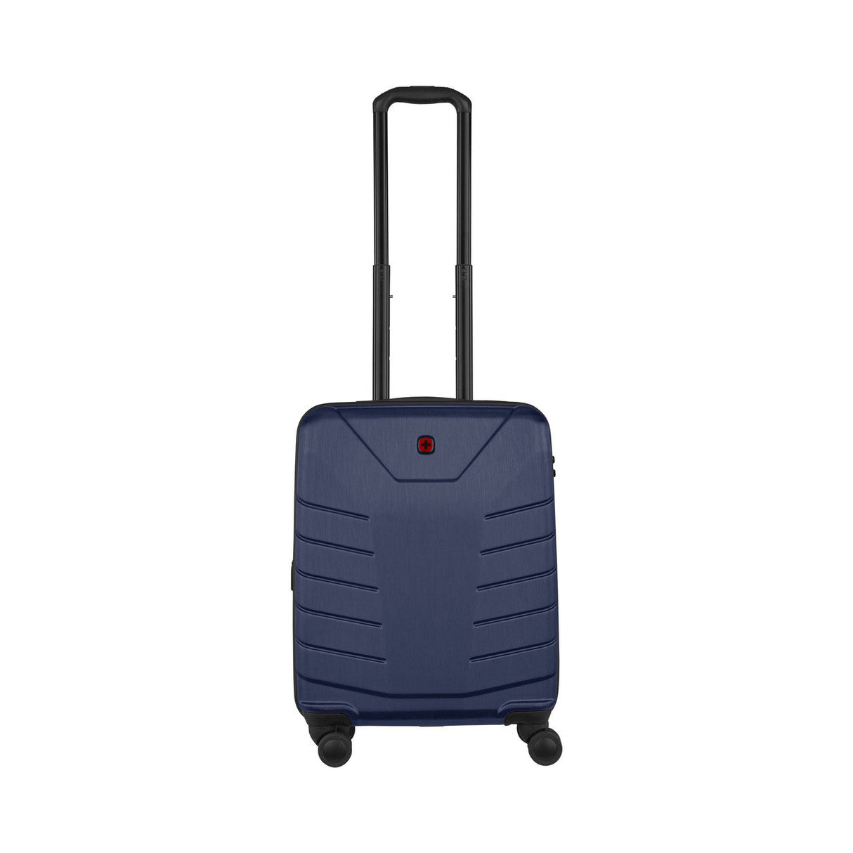Navy blue hardshell suitcase with a retractable handle and wheels.