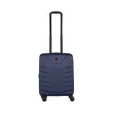 Navy blue hardshell suitcase with a retractable handle and wheels.