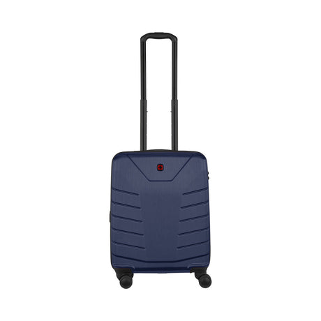 Navy blue hardshell suitcase with a retractable handle and wheels.