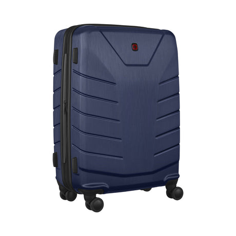 Navy blue hardshell rolling suitcase with horizontal ridges.