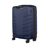 Navy blue hardshell rolling suitcase with horizontal ridges and a retractable handle.