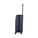 Navy blue hardshell rolling suitcase with an extendable handle.