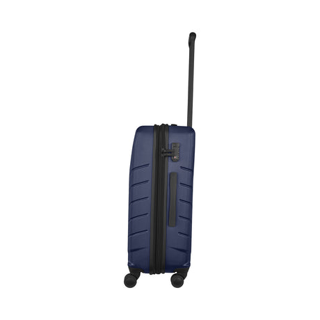 Navy blue hardshell rolling suitcase with an extendable handle.
