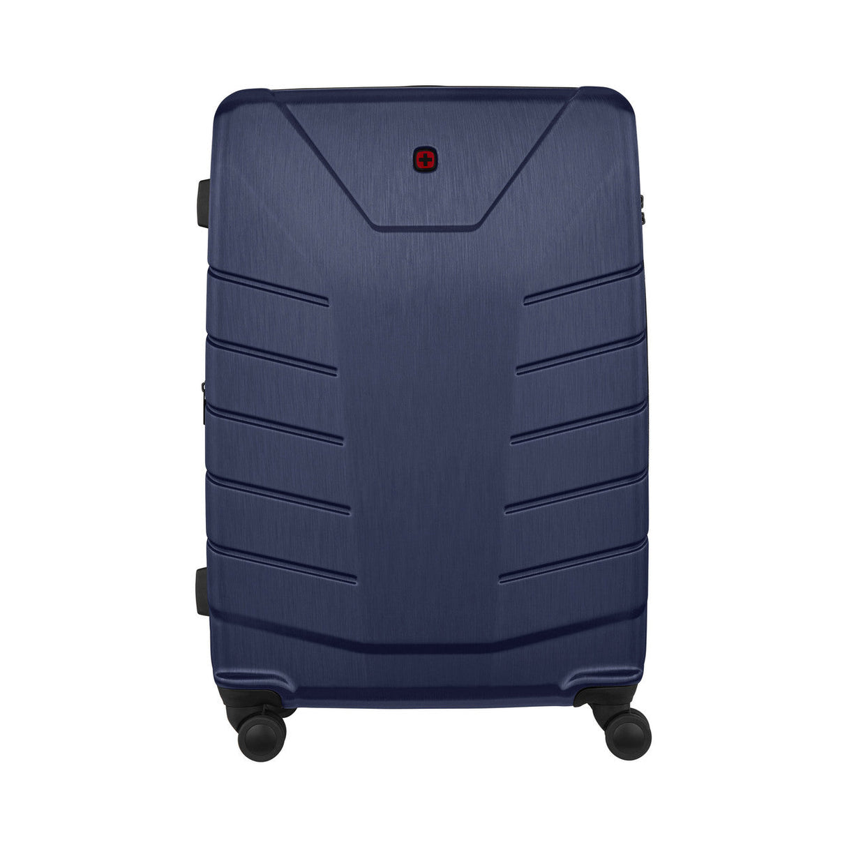 Navy blue hardshell suitcase with horizontal ridges and wheels.