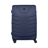 Navy blue hardshell suitcase with horizontal ridges and wheels.