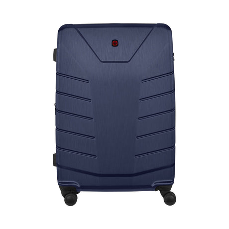 Navy blue hardshell suitcase with horizontal ridges and wheels.