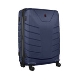 Navy blue hardshell rolling suitcase with horizontal ridges.