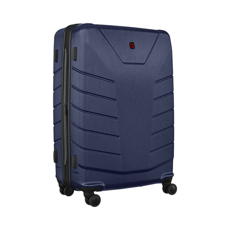 Navy blue hardshell rolling suitcase with horizontal ridges.