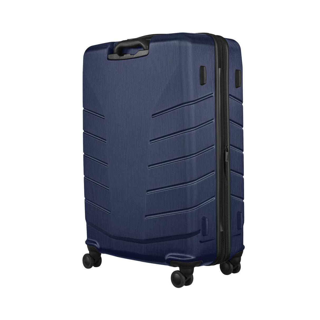 Navy blue hardshell suitcase with wheels and a retractable handle.