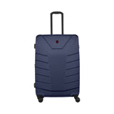 Navy blue hardshell rolling suitcase with horizontal ridges and an extendable handle.