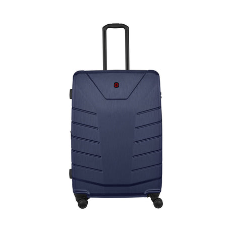 Navy blue hardshell rolling suitcase with horizontal ridges and an extendable handle.