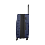 Navy blue hardshell suitcase with wheels and a retractable handle.