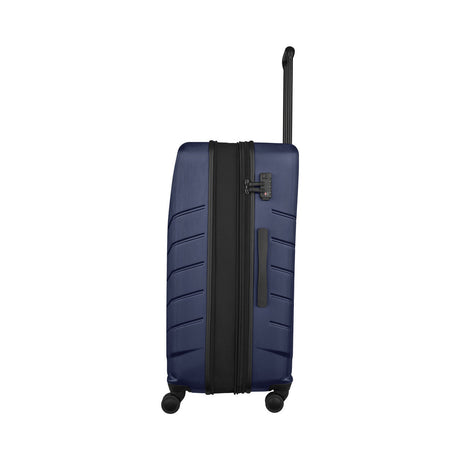 Navy blue hardshell suitcase with wheels and a retractable handle.