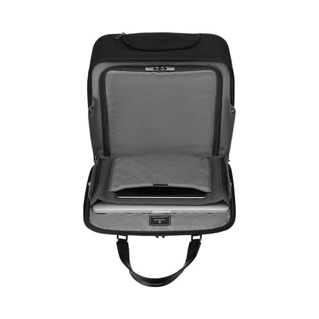 Laptop backpack with an open compartment showing a padded laptop sleeve.