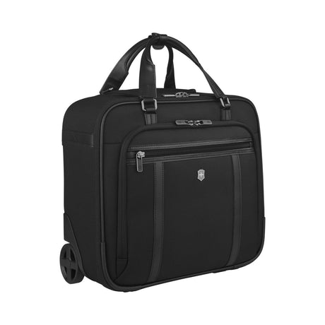 Black rolling briefcase with multiple compartments and handles.