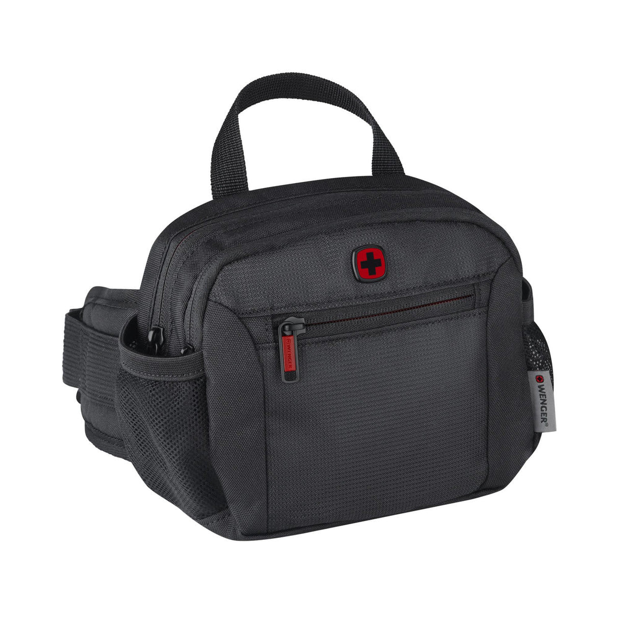 Black camera bag with red accents and multiple compartments.
