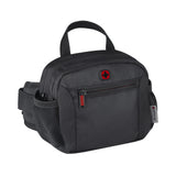Black camera bag with red accents and multiple compartments.