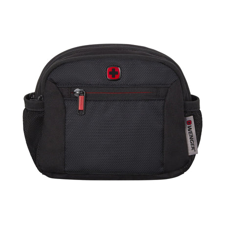 Black waist pack or fanny pack with red accents and multiple zippered compartments.
