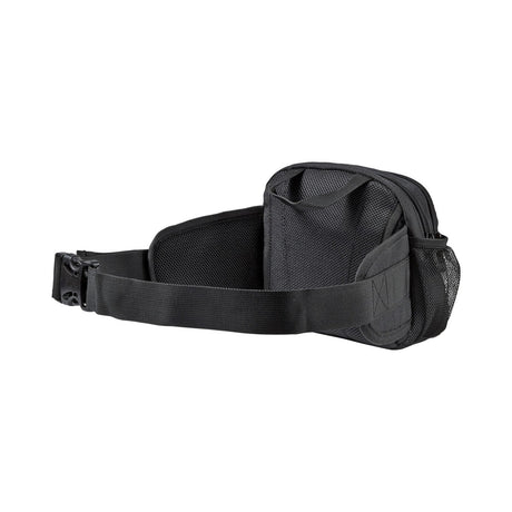 Black fanny pack or waist bag with adjustable strap.