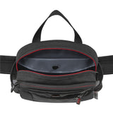 Black fanny pack or waist bag with red zipper accents and multiple compartments.
