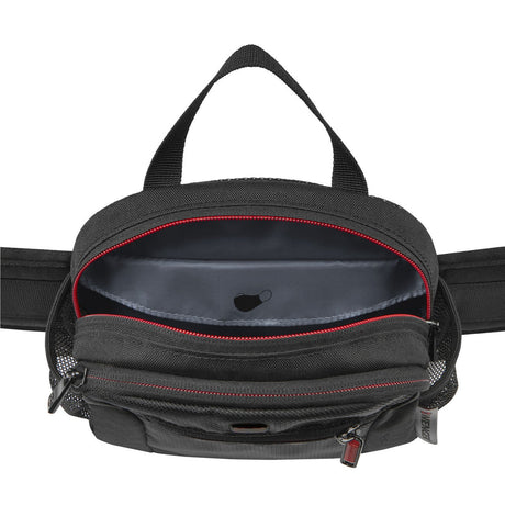Black fanny pack or waist bag with red zipper accents and multiple compartments.