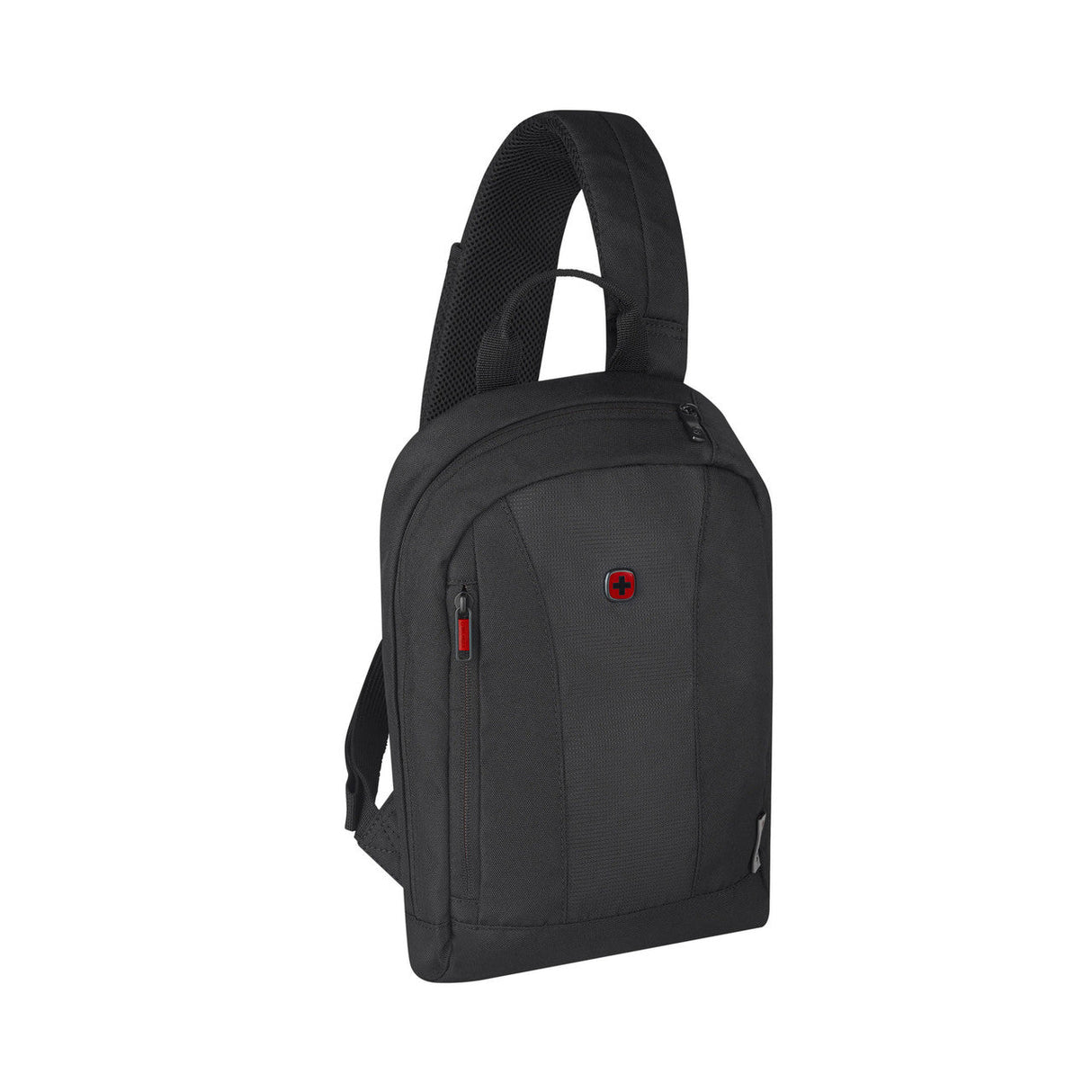 Black single-strap backpack with a red logo and zipper accent.