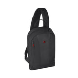 Black single-strap backpack with a red logo and zipper accent.