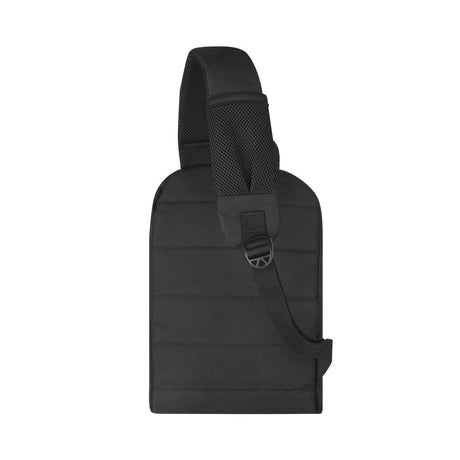 Black tactical sling bag with a single strap and mesh pocket.