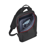 Black backpack with an open compartment showing a face mask inside.