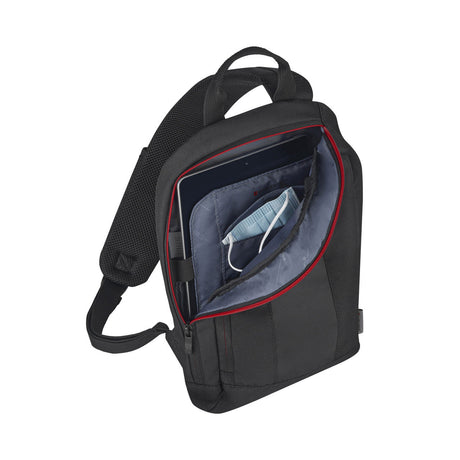 Black backpack with an open compartment showing a face mask inside.