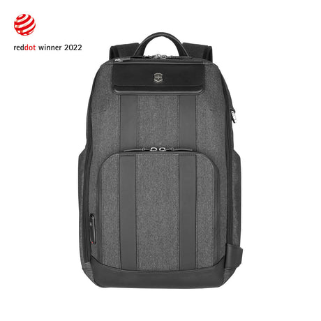 Gray backpack with multiple compartments and a handle on top.