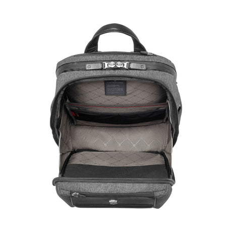 Gray backpack with multiple compartments and a top handle.