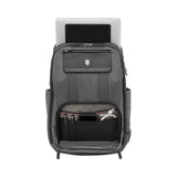 Gray backpack with multiple compartments and a laptop sleeve.