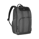 Gray backpack with multiple compartments and a USB port.