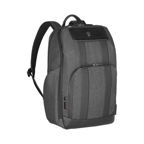 Gray backpack with multiple compartments and a USB port.
