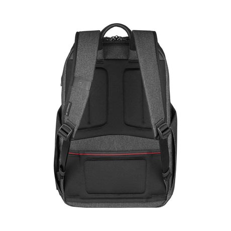 Black backpack with padded shoulder straps and a red accent stripe.