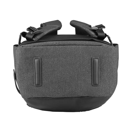 Gray fabric camera bag with black trim and straps.