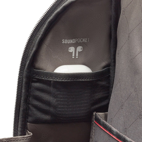 Zippered case with ’SOUNDPOCKET’ branding and an earbuds icon, designed to hold audio devices.