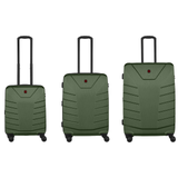 Set of three green hardshell suitcases with extendable handles and wheels.