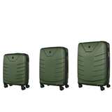 Set of three green hardshell suitcases with wheels.