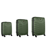 Set of three green hardshell suitcases with wheels.