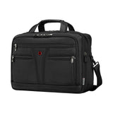 Black laptop bag or briefcase with multiple compartments and a shoulder strap.